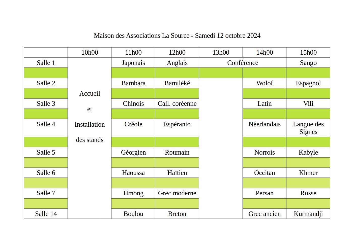 Planning des salles du Samedi à la MDA La Source